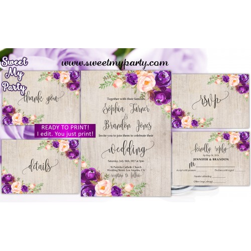 Purple Wedding Invitation suite,Lilac Wedding invitation set,(64w)